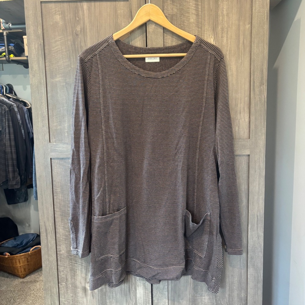 Poetry Hemp Organic Cotton Striped Tunic Top Brown Tan Size US 14 Pockets